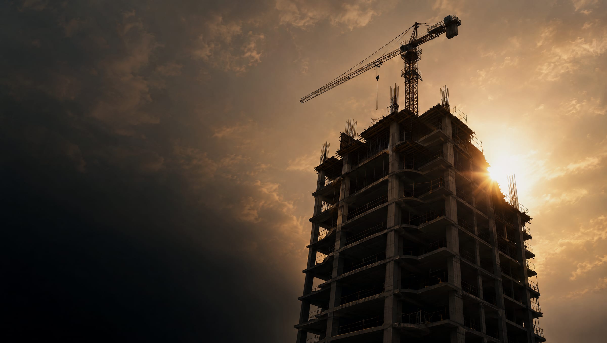 A concrete tower under construction against the sunset, a crane rising above it.