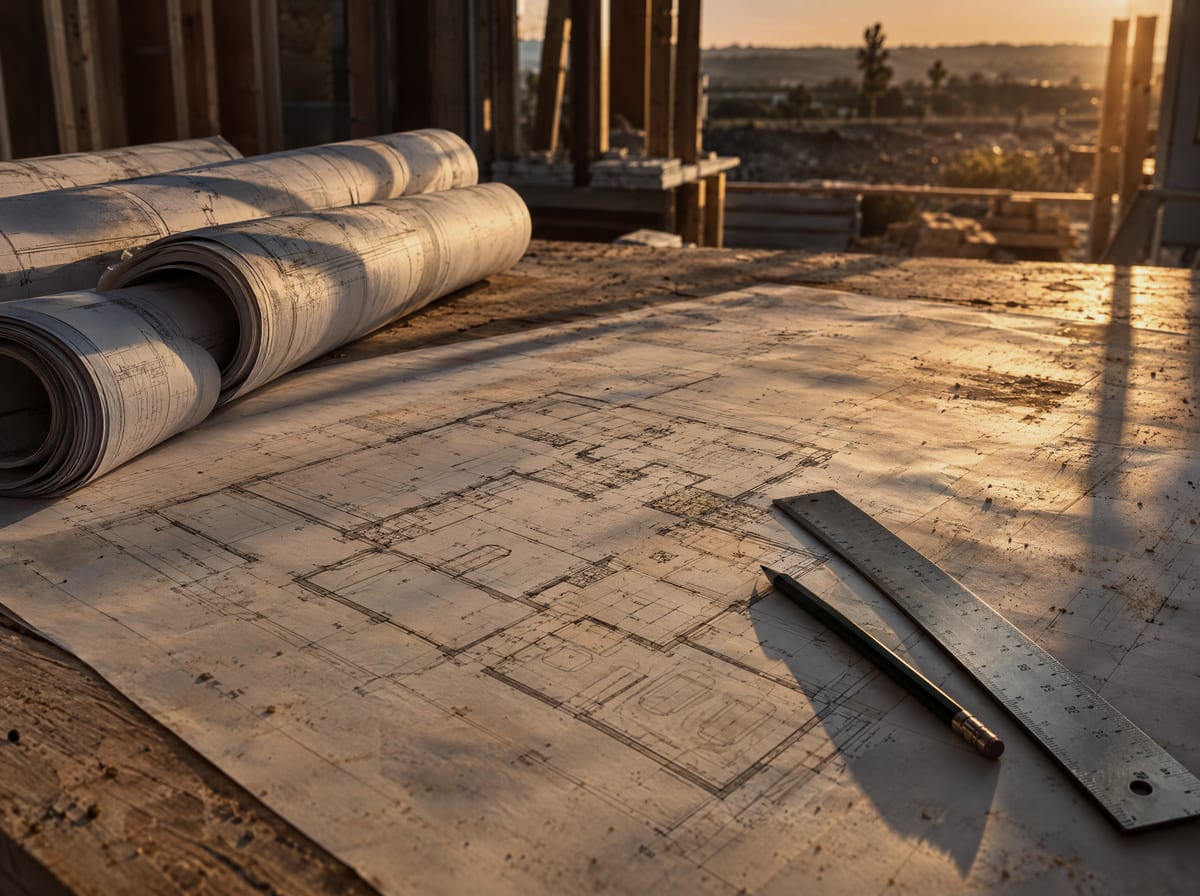 Rolled plan sheets and an open floor plan on a plywood site table in late sunlight.