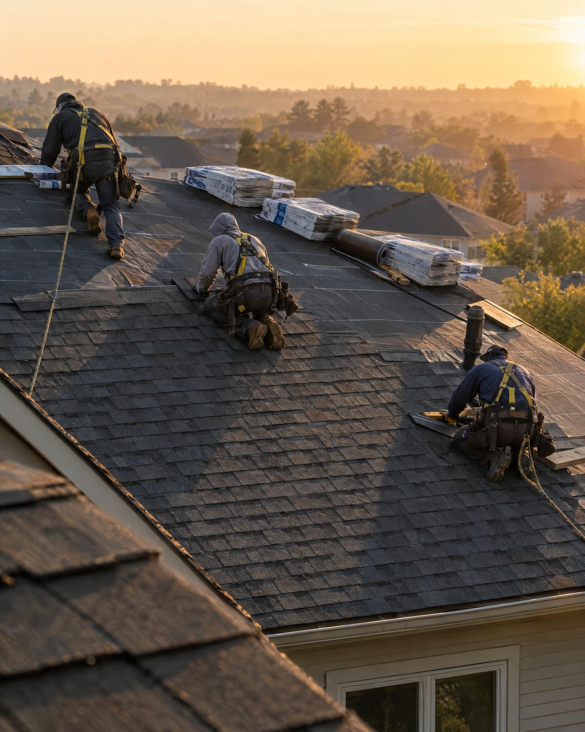 Roofers in harnesses laying charcoal shingles in the late afternoon light.